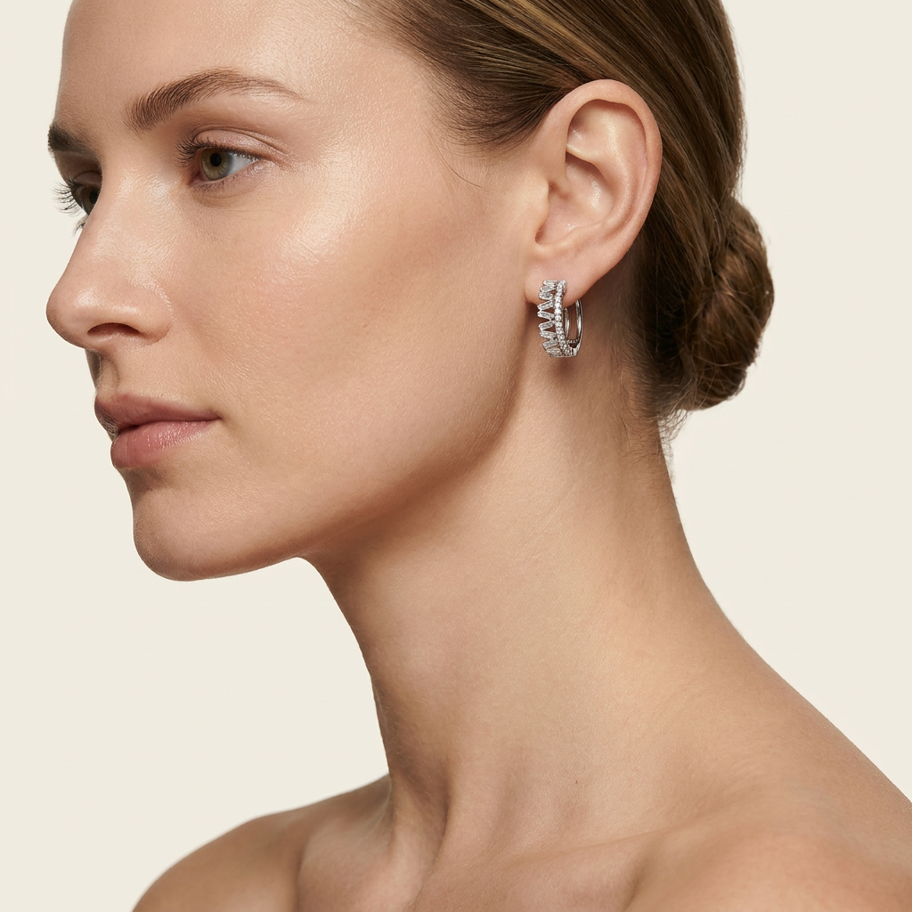 Moissanite 0.81 CT Round & Baguette Cut Diamond Hoop Earrings