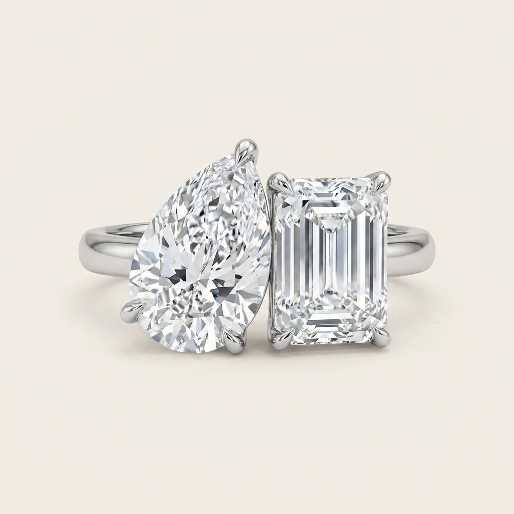 Moissanite 3.40 CT Pear & Baguette Cut Diamond Toi Et Moi Ring