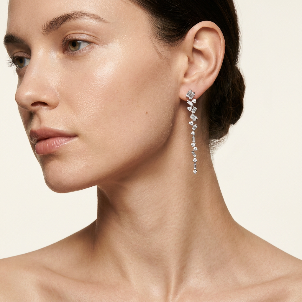 Moissanite 0.77 CT Round & Baguette Cut Diamond Drop Earrings
