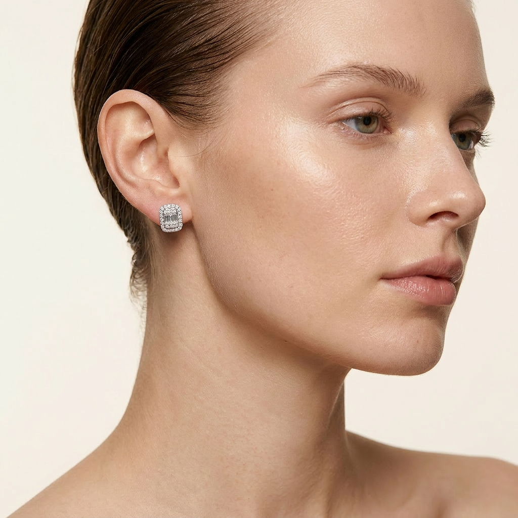 Moissanite 0.93 CT Round & Baguette Cut Diamond Stud Earrings