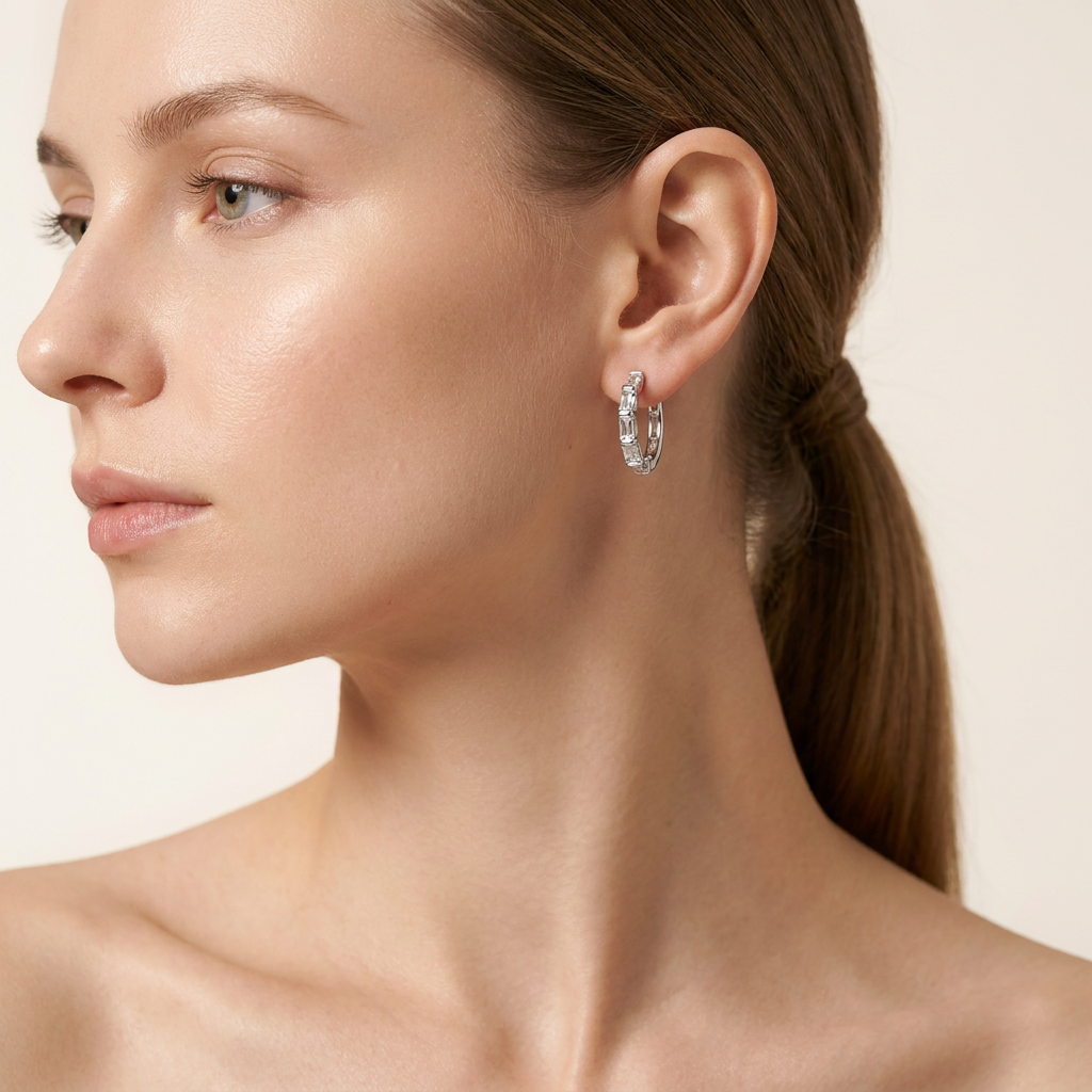 Moissanite 0.22 CT Baguette Cut Diamond Hoop Earring