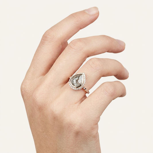 2.35 CT Pear & Round Cut Salt and Pepper Diamond Halo Ring