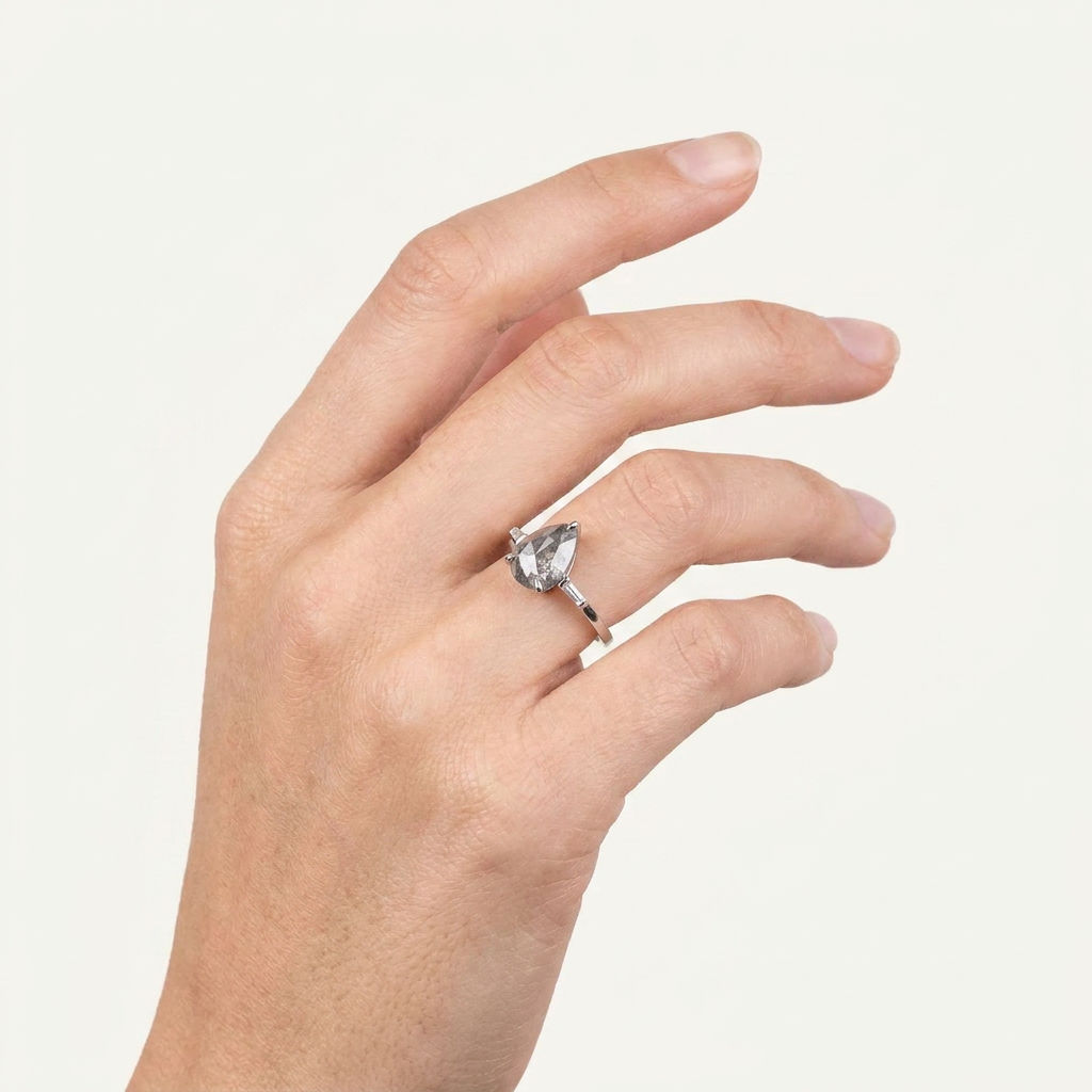 1.80 CT Pear & Baguette Cut Salt and Pepper Diamond Three Stone Ring