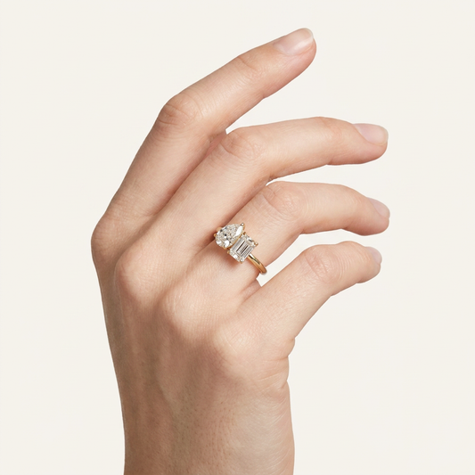 Lab Grown 2.50 CT Emerald & Pear Cut Diamond Toi Et Moi Ring
