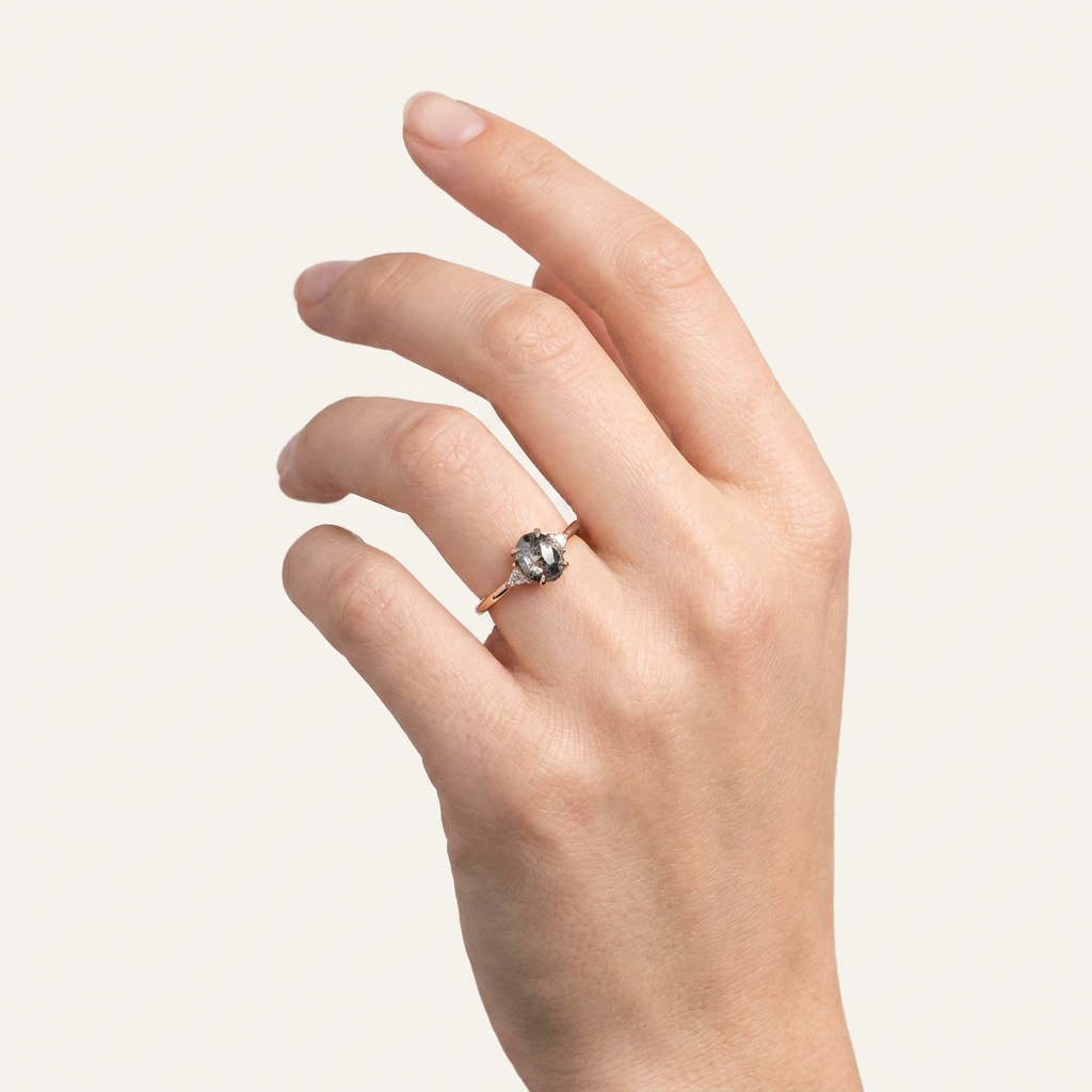1.75 CT Oval & Triangle Cut Salt and Pepper Diamond Three Stone Ring