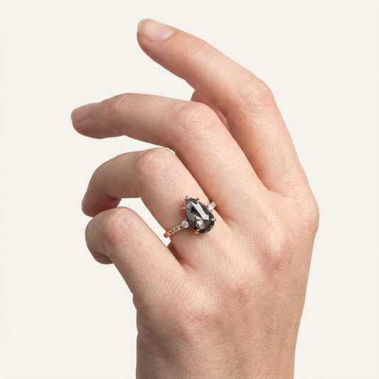 1.85 CT Pear & Round Cut Salt and Pepper Diamond Three Stone Ring