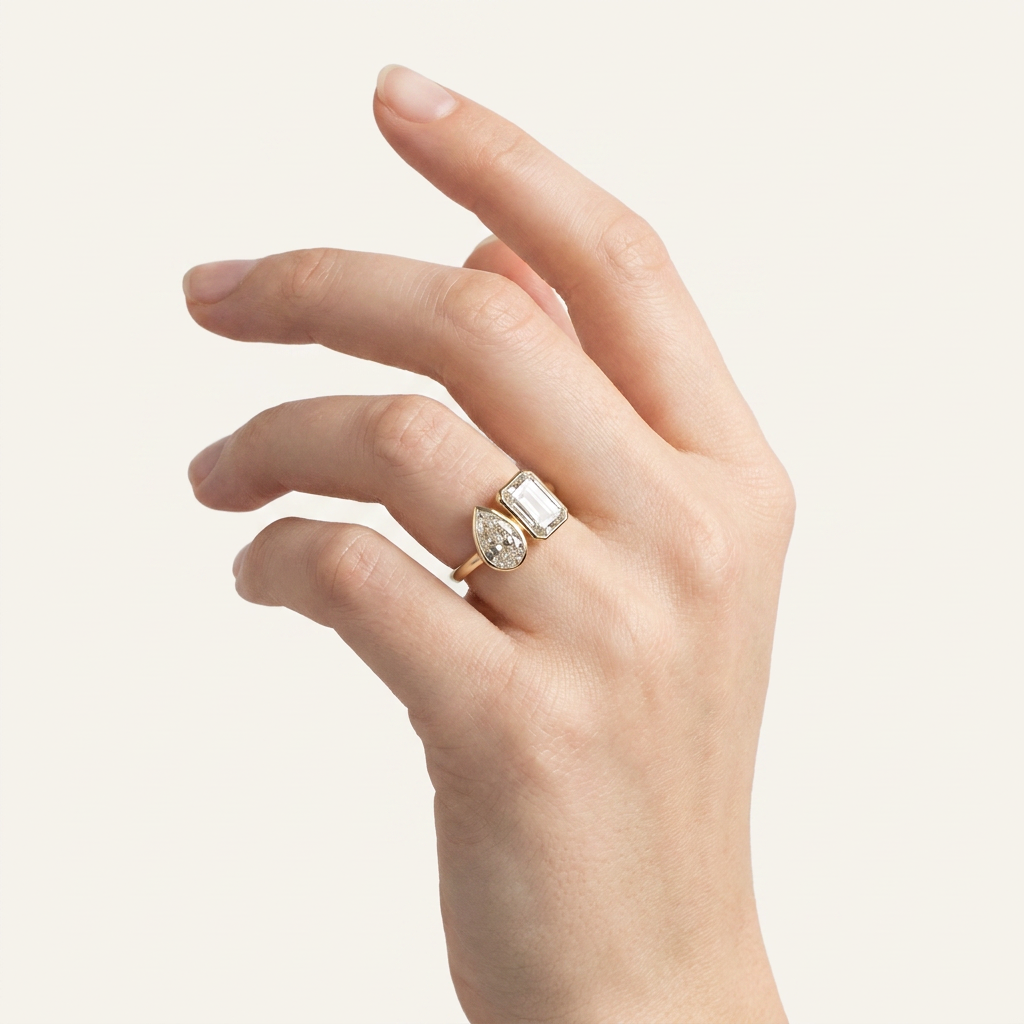 Moissanite 2.00 CT Pear & Emerald Cut Diamond Toi Et Moi Ring