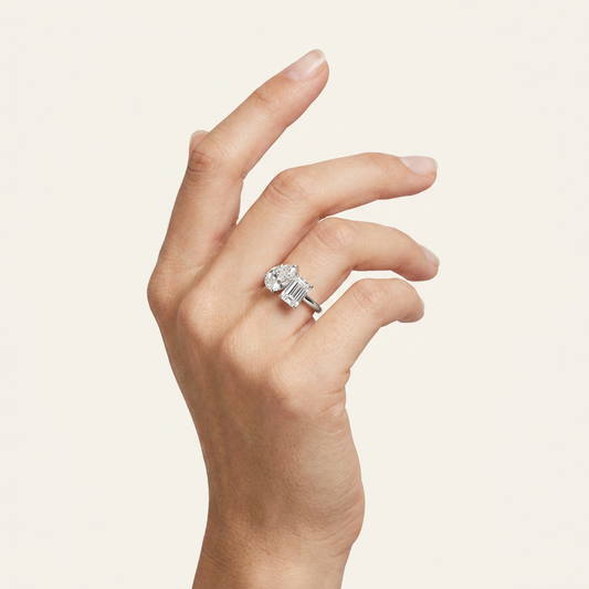Moissanite 3.40 CT Pear & Baguette Cut Diamond Toi Et Moi Ring