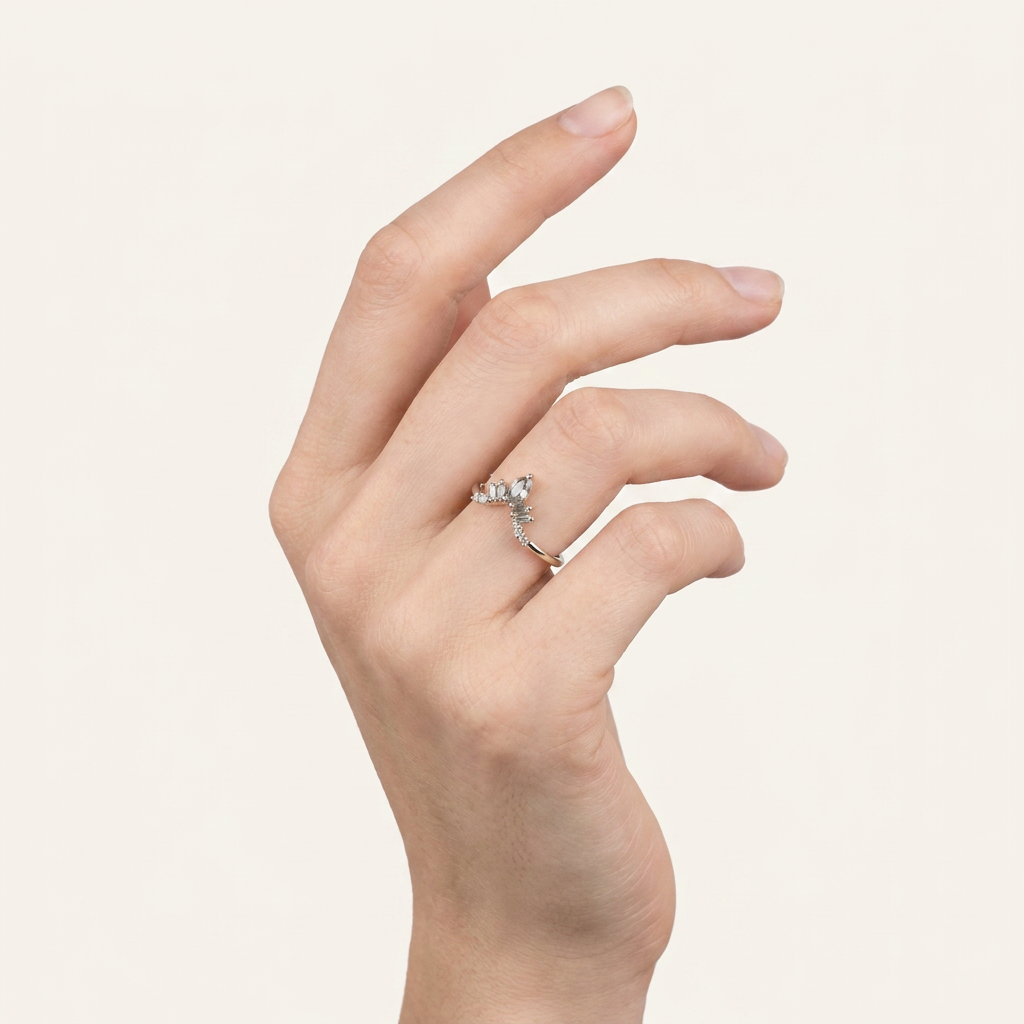 0.32 CT Marquise & Round Cut Salt and Pepper Diamond Ring