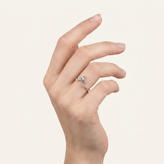 0.32 CT Marquise & Round Cut Salt and Pepper Diamond Ring