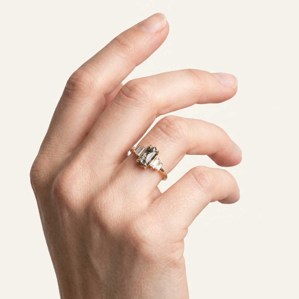 1.80 CT Hexagon & Baguette Cut Salt and Pepper Diamond Cluster Five-Stone Ring