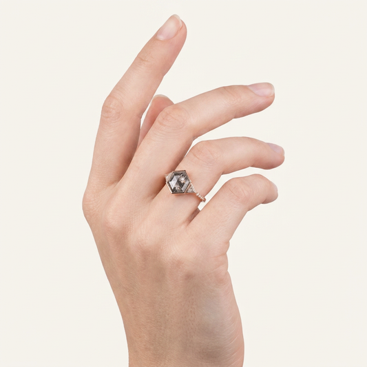 1.70 CT Hexagon & Triangle Cut Salt and Pepper Diamond Three Stone Ring