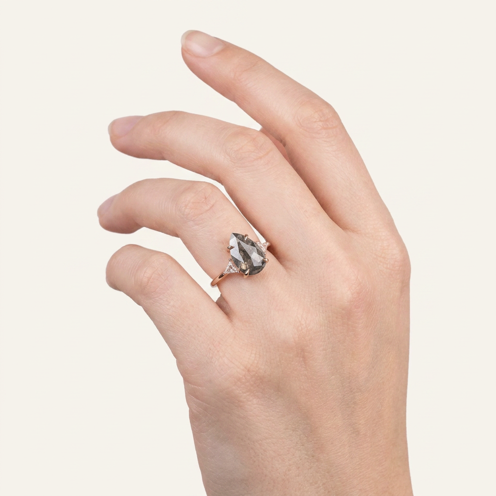 1.65 CT Pear & Triangle Cut Salt and Pepper Diamond Three Stone Ring
