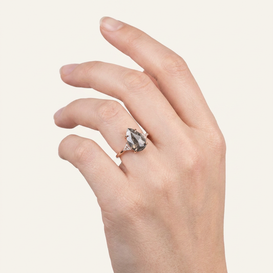 1.65 CT Pear & Triangle Cut Salt and Pepper Diamond Three Stone Ring