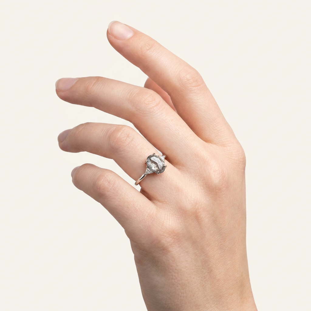 1.50 CT Oval & Triangle Cut Salt and Pepper Diamond Three Stone Ring