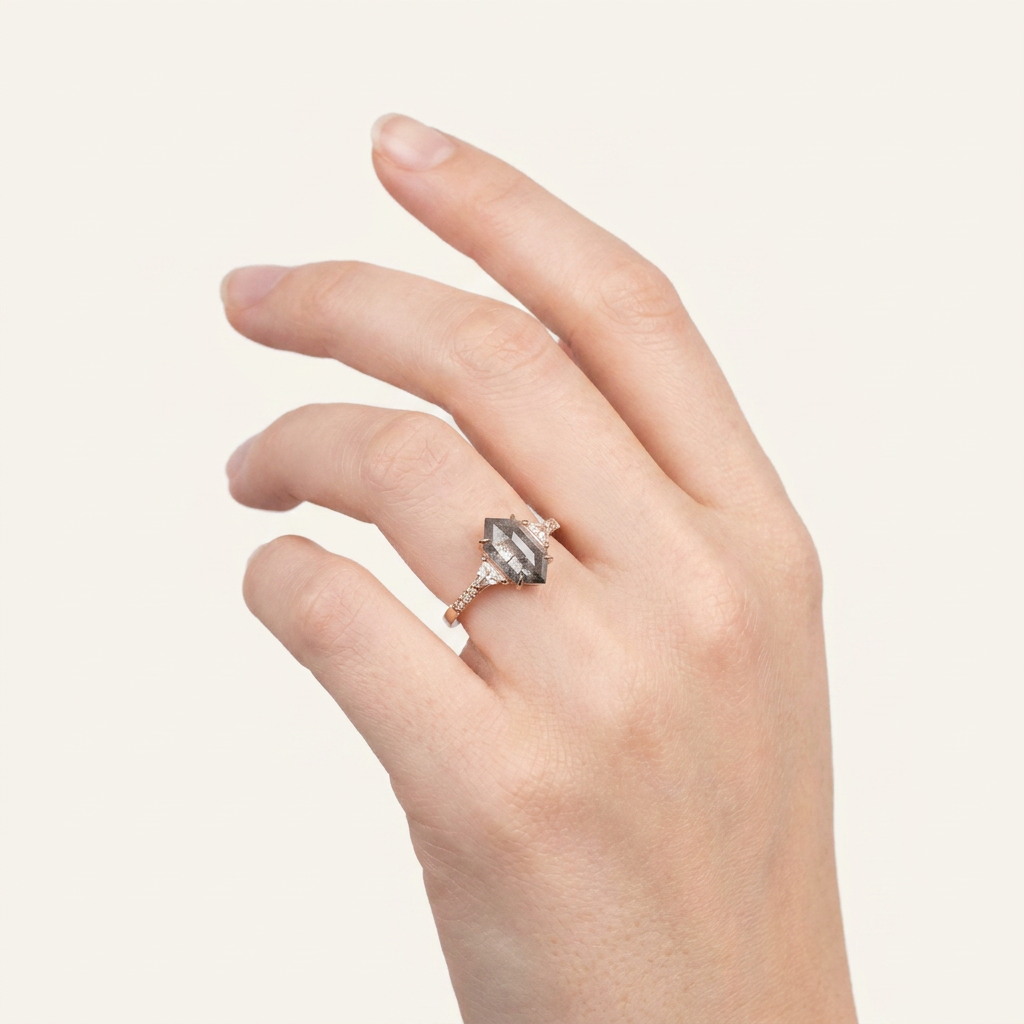 1.65 CT Hexagon & Round Cut Salt and Pepper Diamond Three Stone Ring (V-Artdeco)