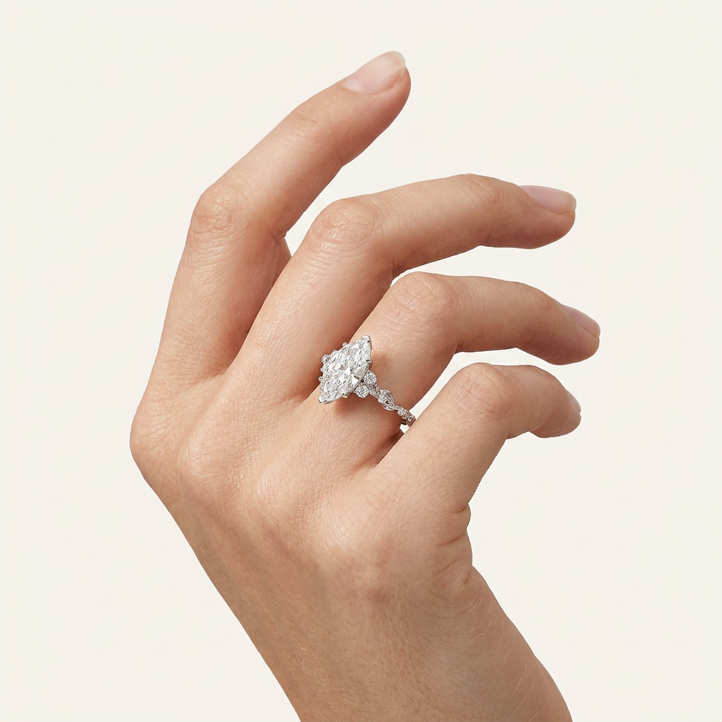 Lab Grown 1.50 CT Marquise Cut Diamond Leaf Accent Solitaire Ring