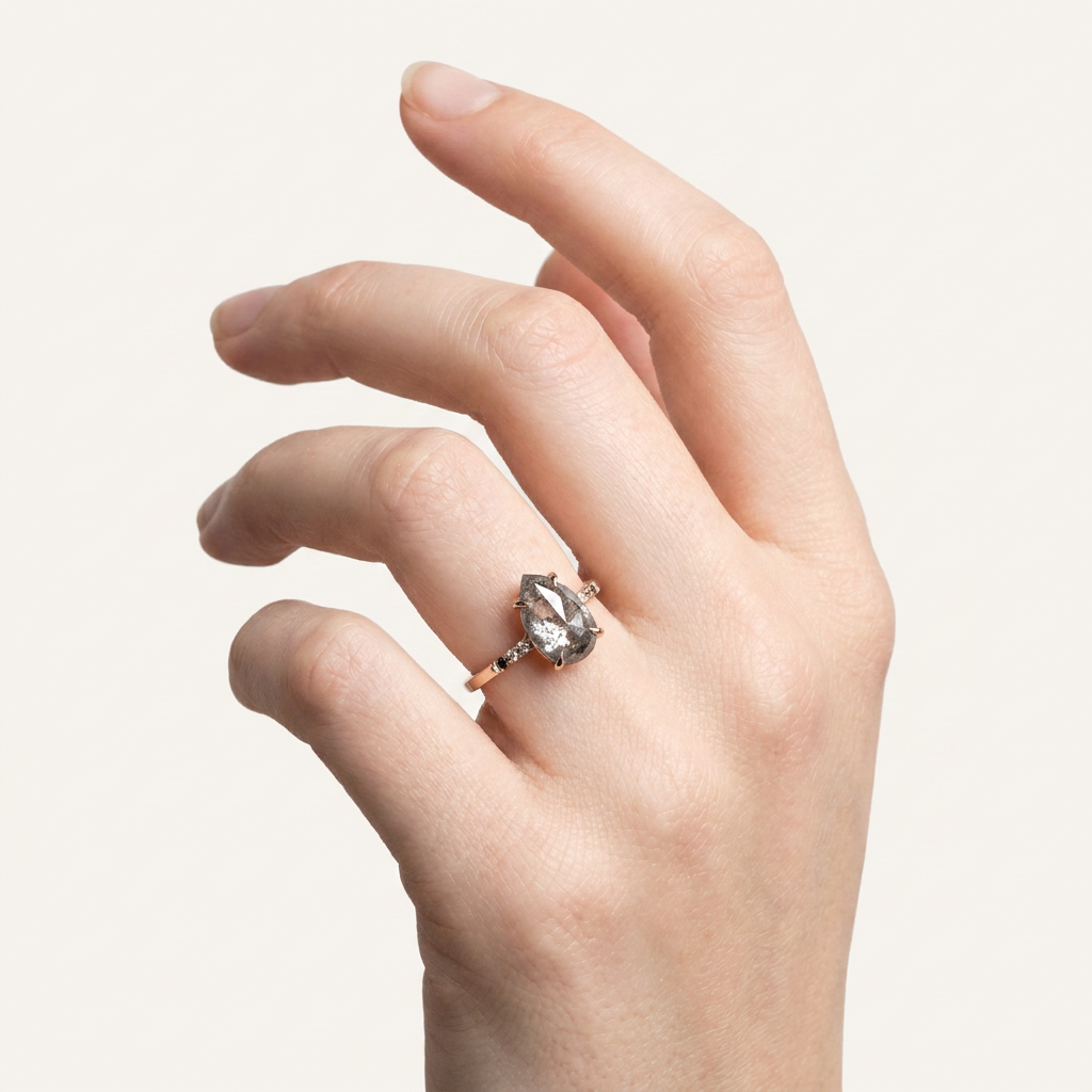 1.25 CT Pear Cut Salt and Pepper Diamond Solitaire Ring (V1)