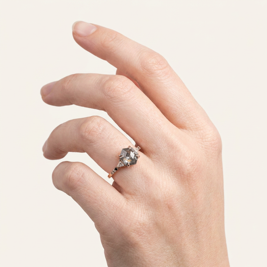 1.65 CT Hexagon & Triangle Cut Salt and Pepper Diamond Three Stone Ring