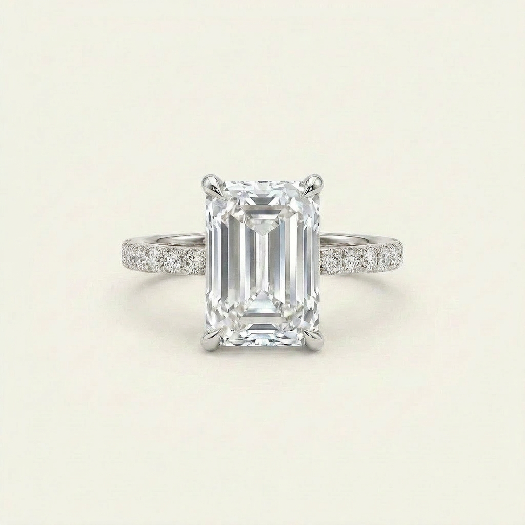 Moissanite 5.00 CT Emerald & Round Cut Diamond Solitaire Ring
