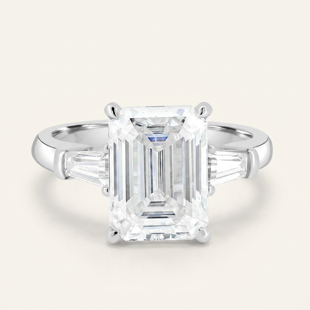 Moissanite 4.40 CT Emerald & Tapered Baguette Cut Diamond Three Stone Ring