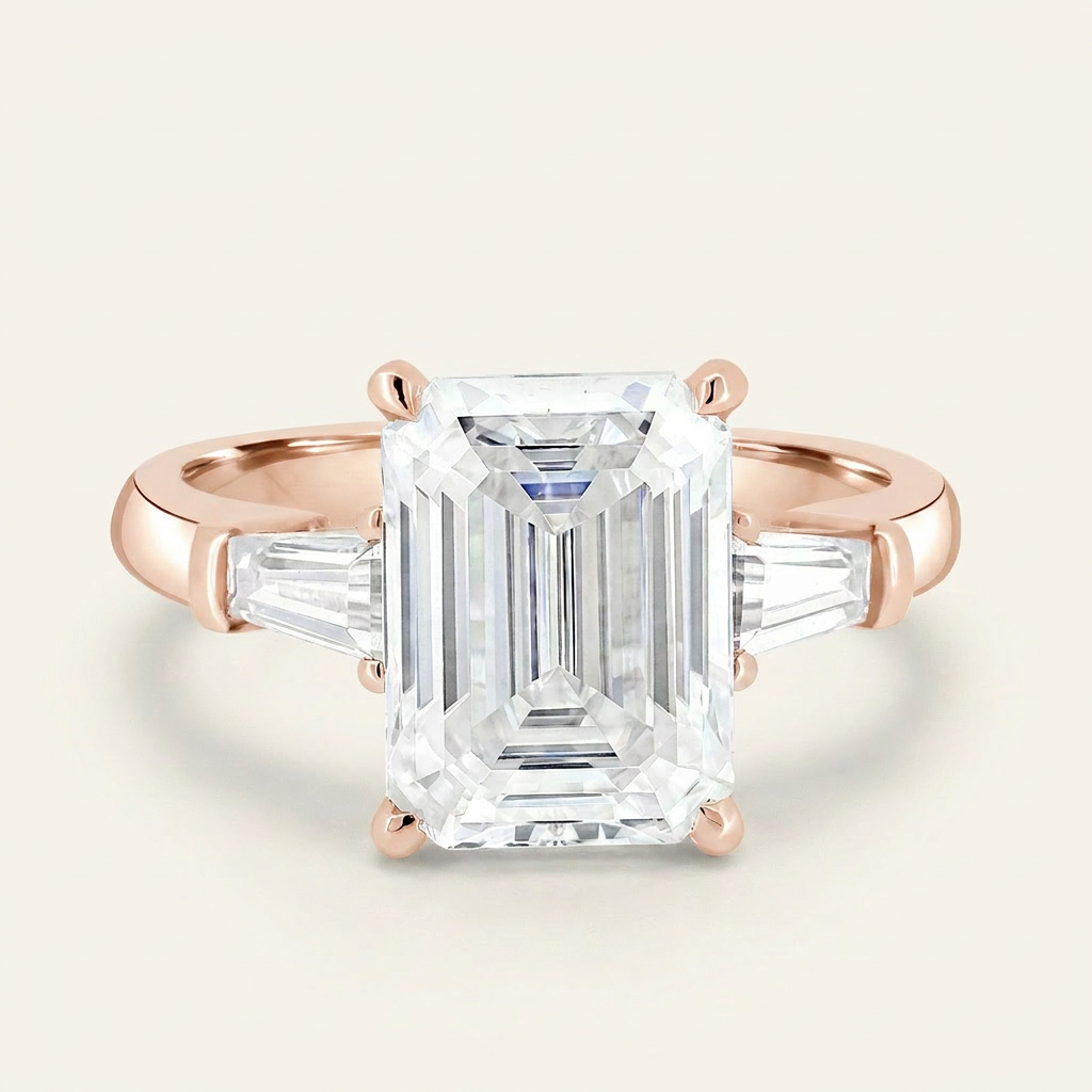 Moissanite 4.40 CT Emerald & Tapered Baguette Cut Diamond Three Stone Ring