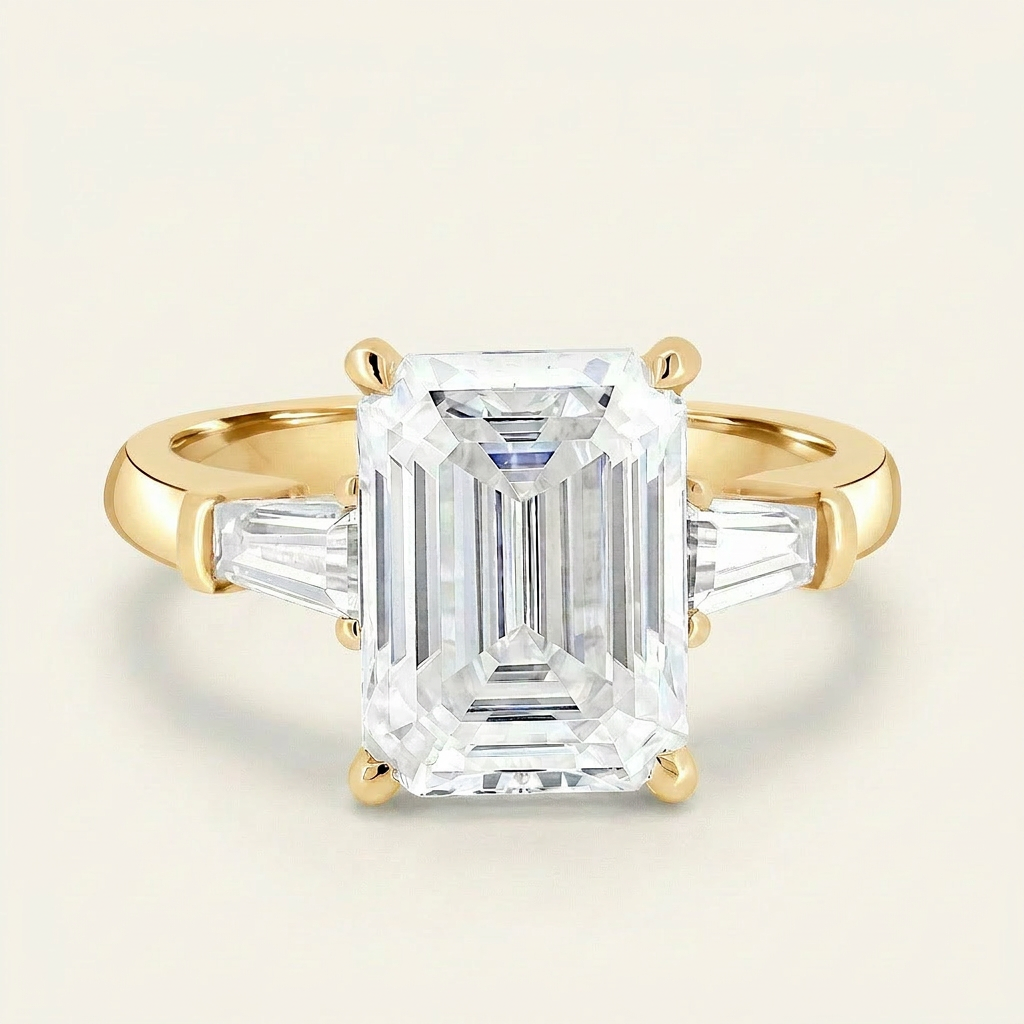 Moissanite 4.40 CT Emerald & Tapered Baguette Cut Diamond Three Stone Ring