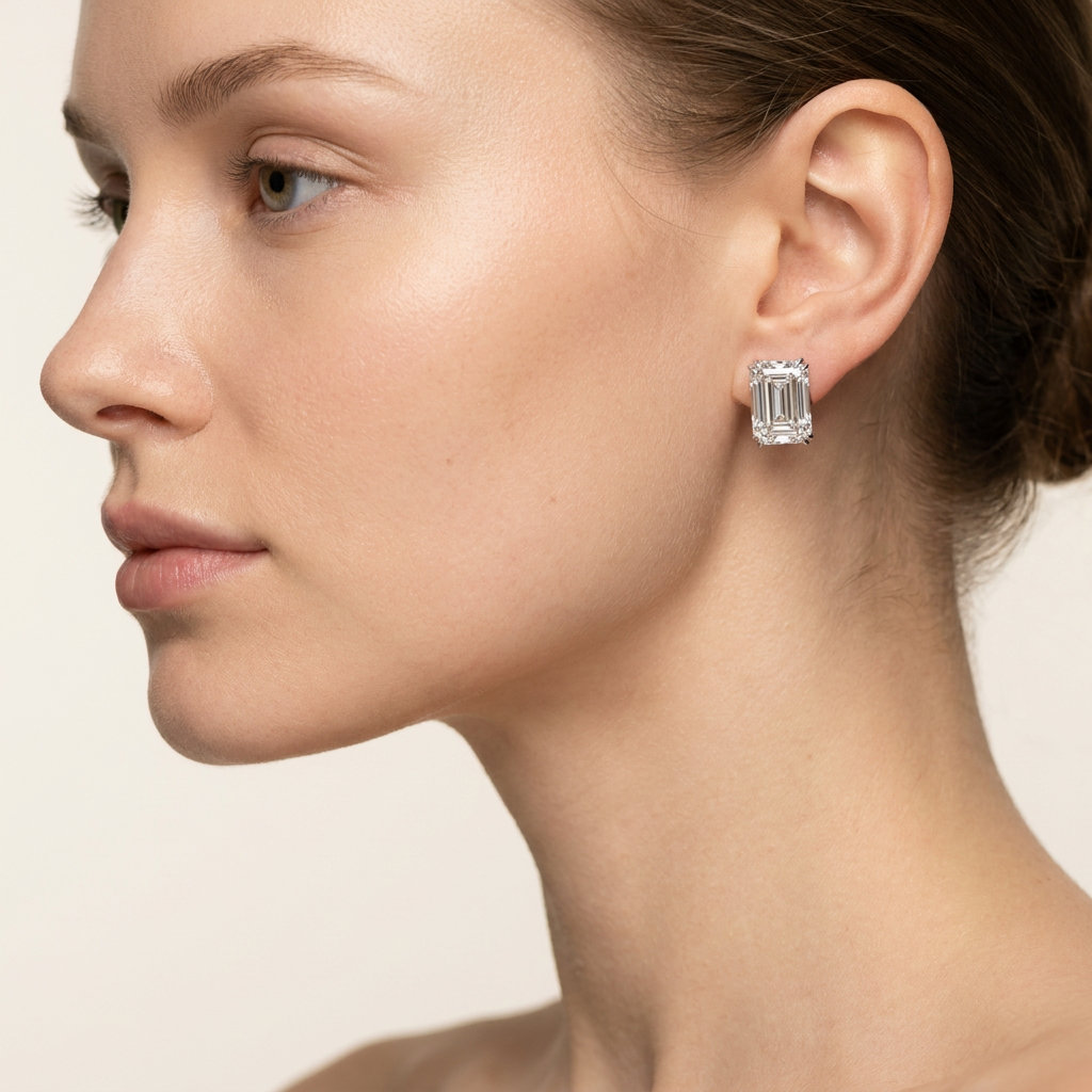 Moissanite 1.00 CT Emerald Cut Diamond Four Prong Stud Earrings