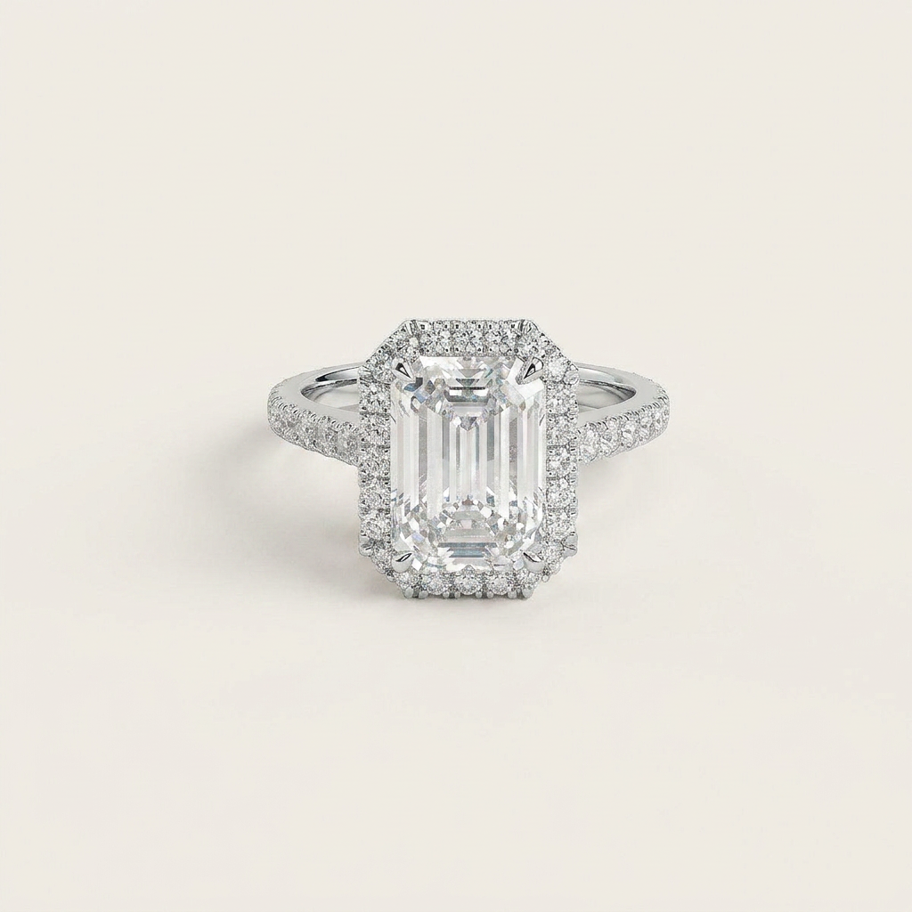 Moissanite 1.70 CT Emerald Cut Diamond Halo Ring