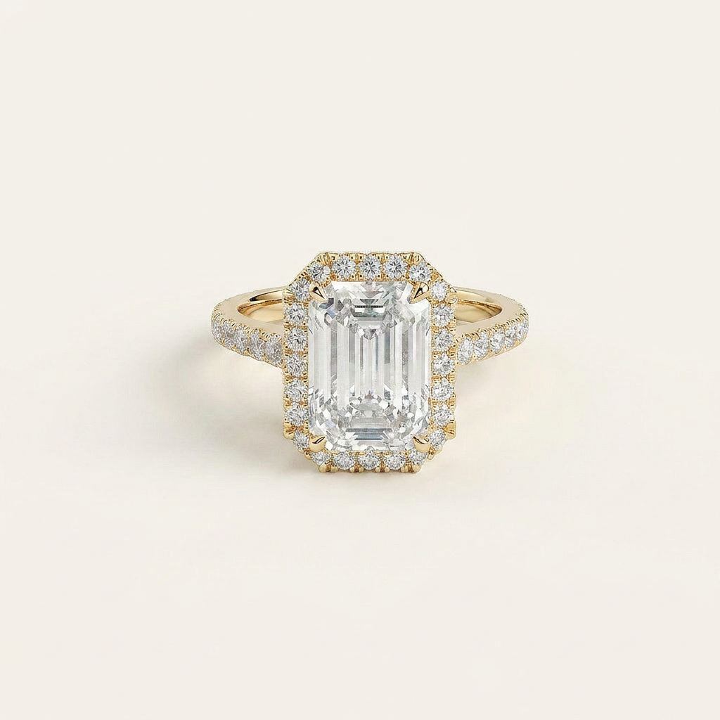 Moissanite 1.70 CT Emerald Cut Diamond Halo Ring