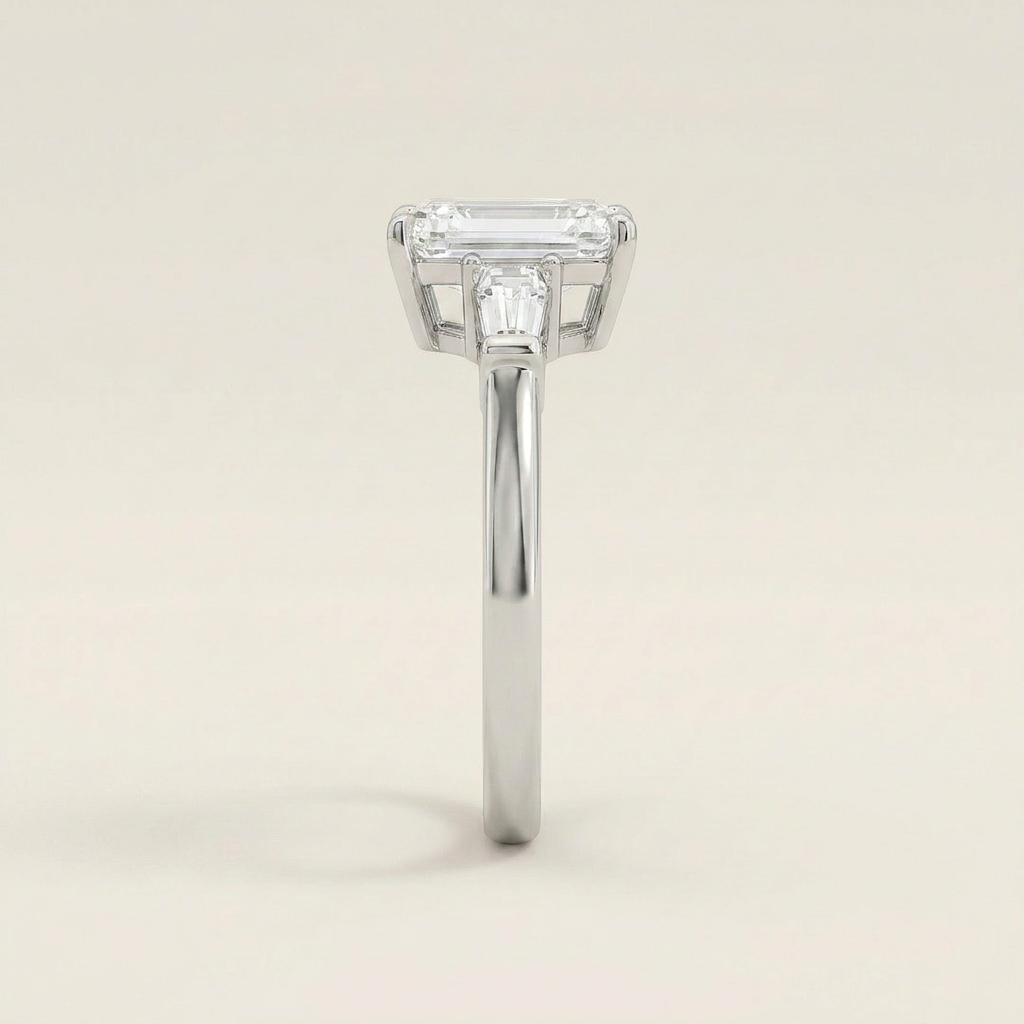 Moissanite 4.40 CT Emerald & Tapered Baguette Cut Diamond Three Stone Ring