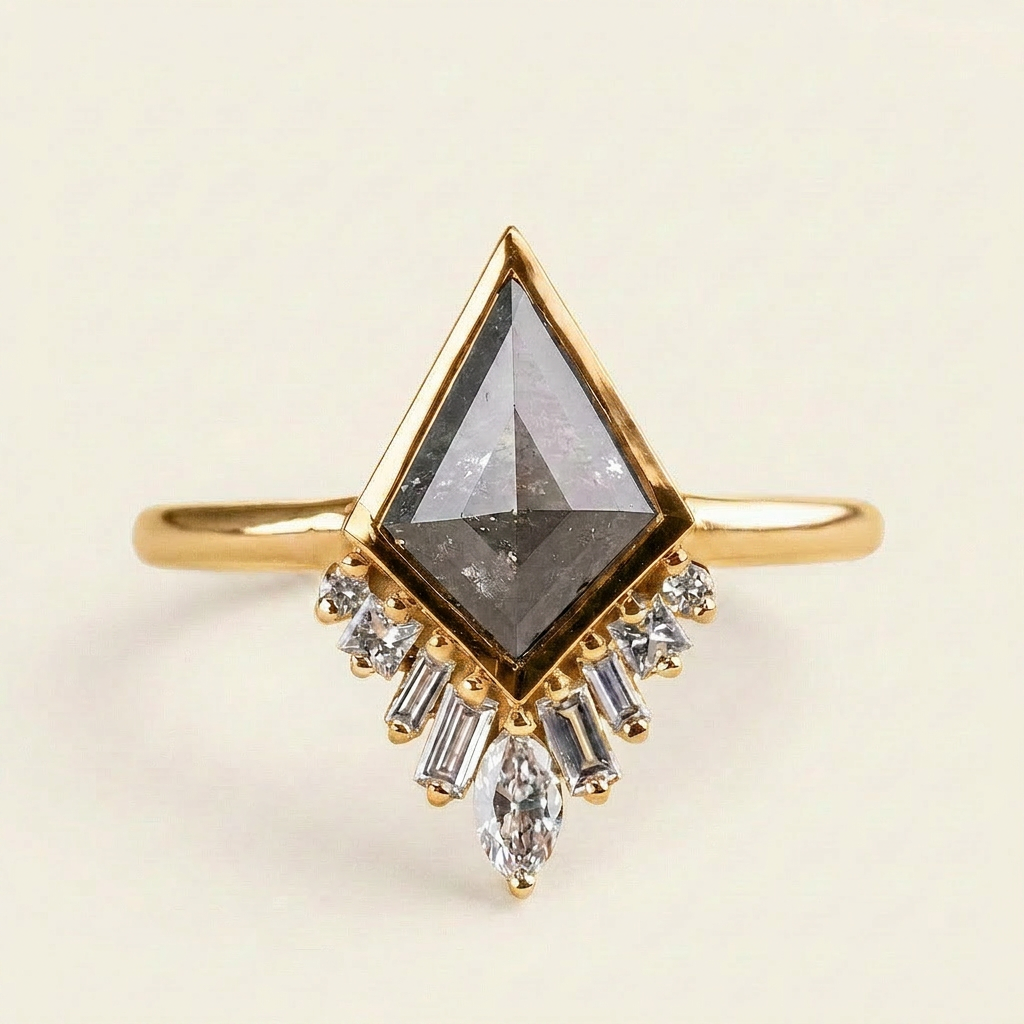 1.90 CT Kite & Round Cut Salt and Pepper Diamond Cluster Ring