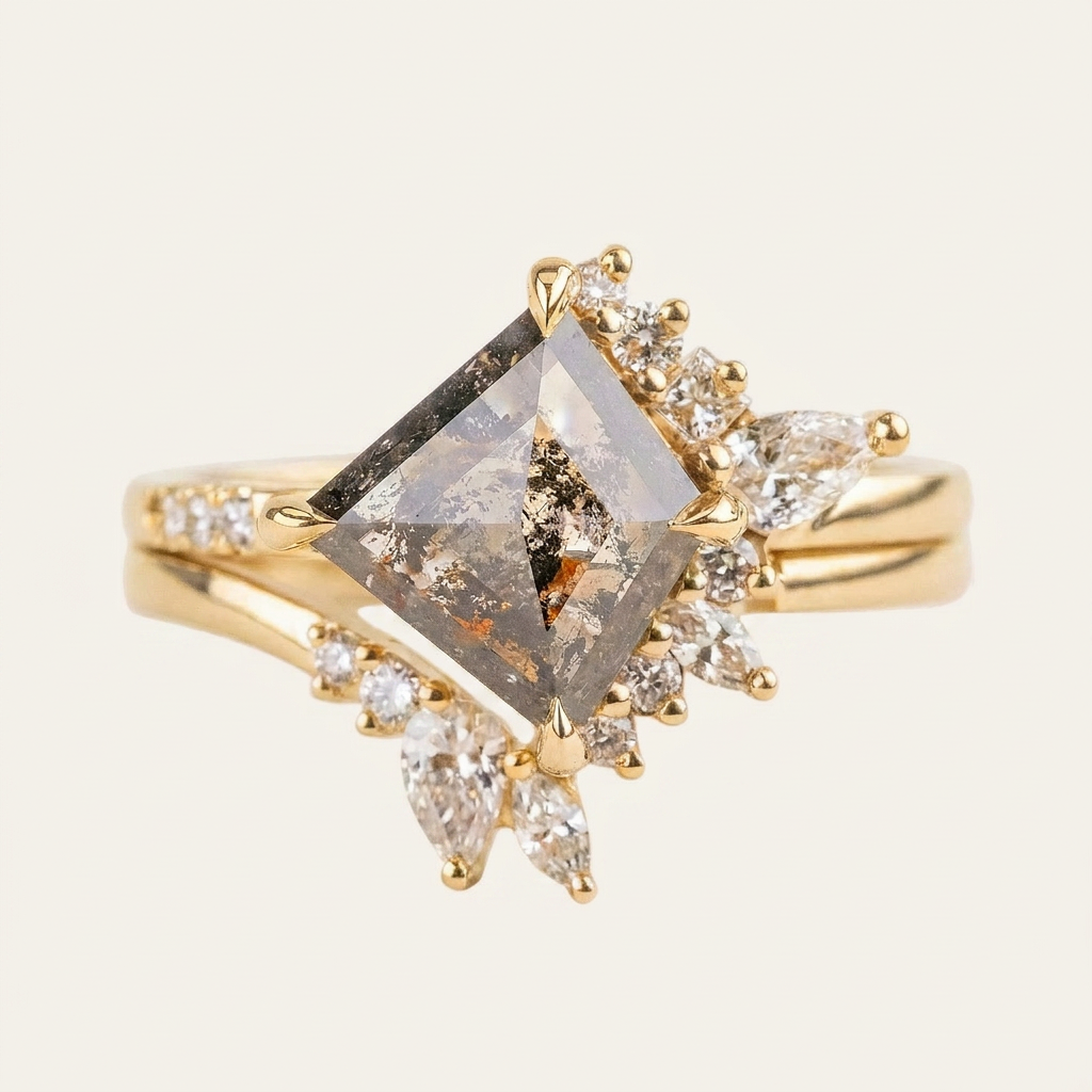 1.65 CT Kite & Round Cut Salt and Pepper Diamond Cluster Ring