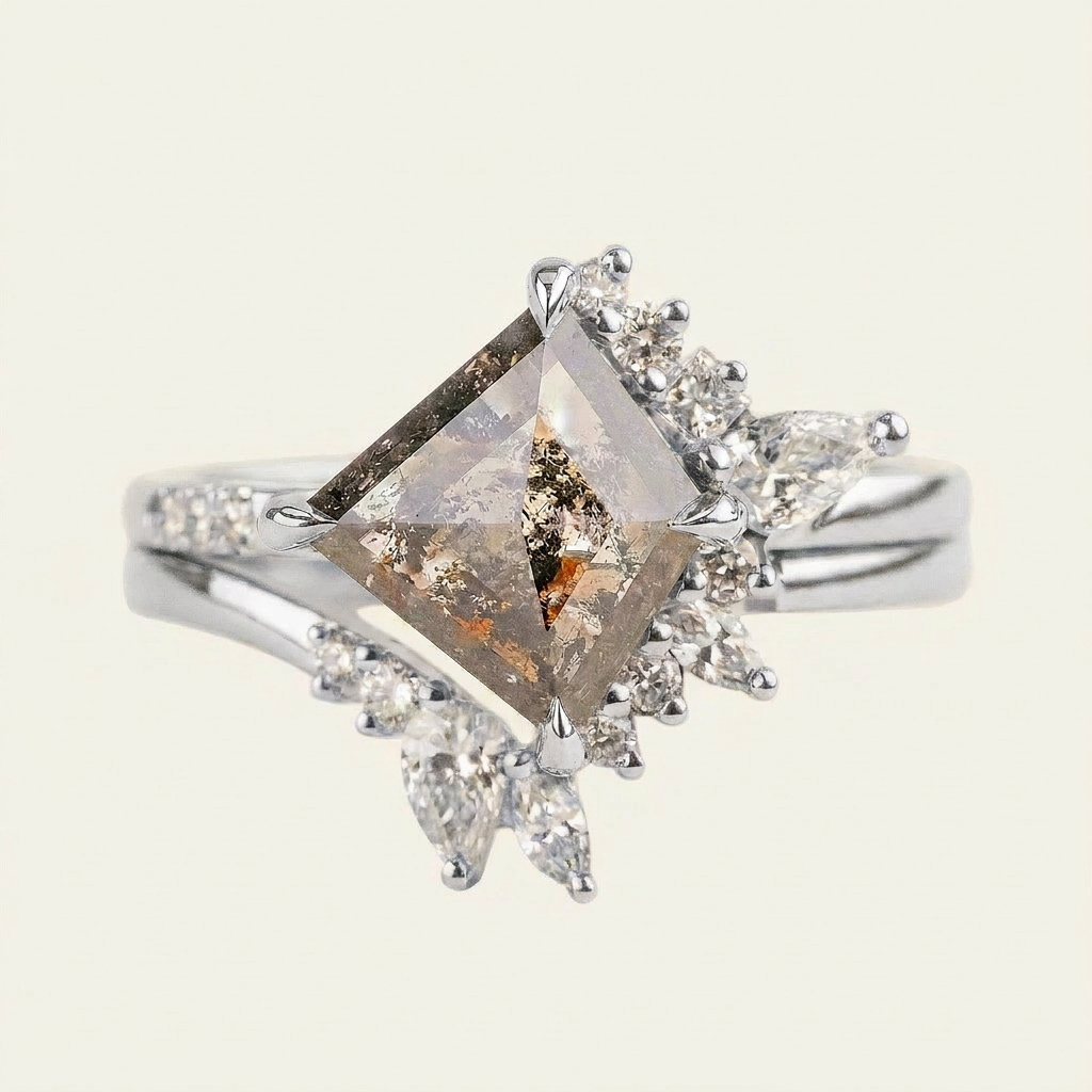 1.65 CT Kite & Round Cut Salt and Pepper Diamond Cluster Ring