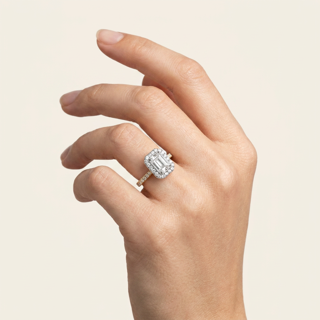 Moissanite 2.70 CT Emerald & Round Cut Diamond Halo Ring