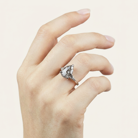 2.18 CT Pear Cut Salt and Pepper Diamond Three Stone Ring