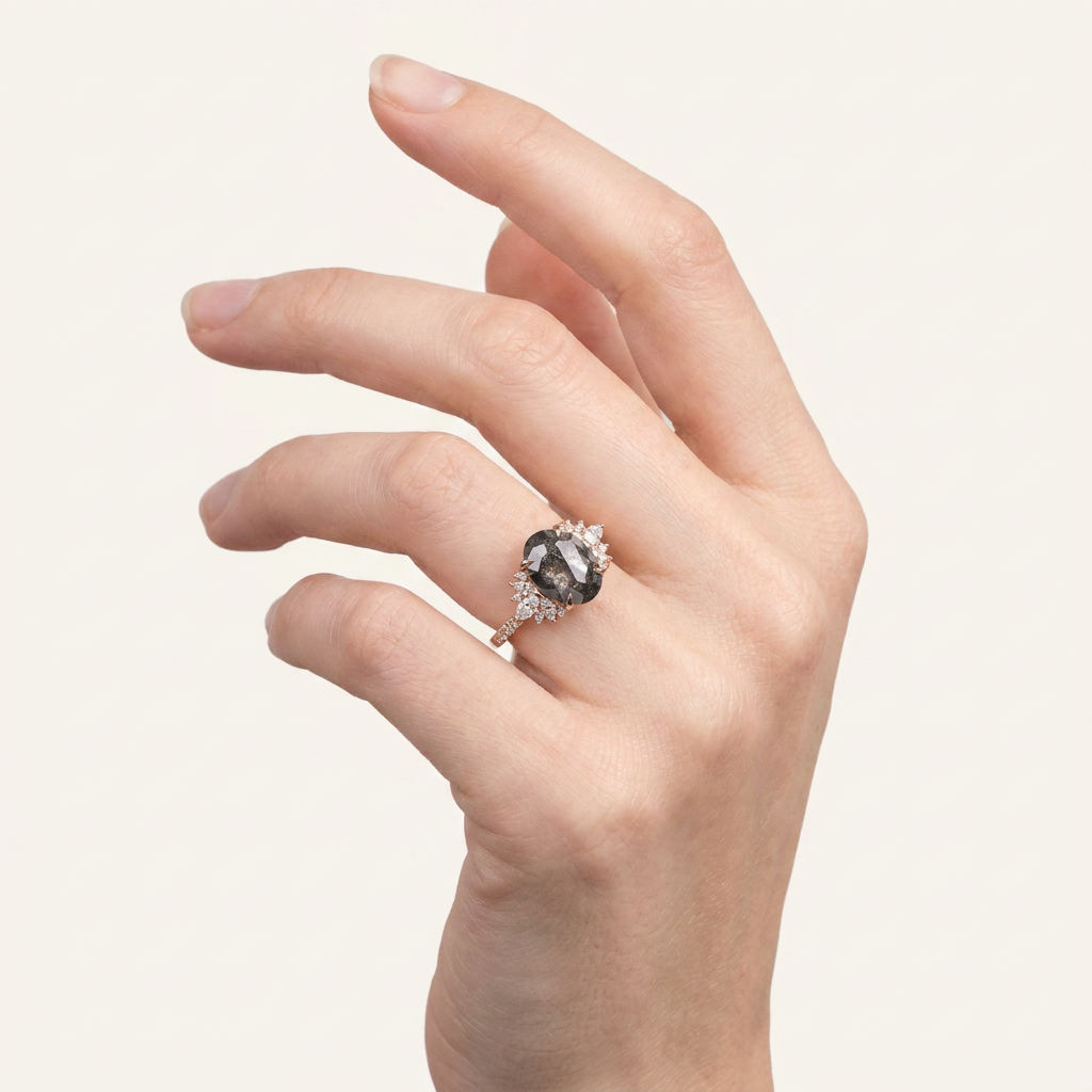 2.10 CT Oval & Round Cut Salt and Pepper Diamond Cluster Ring