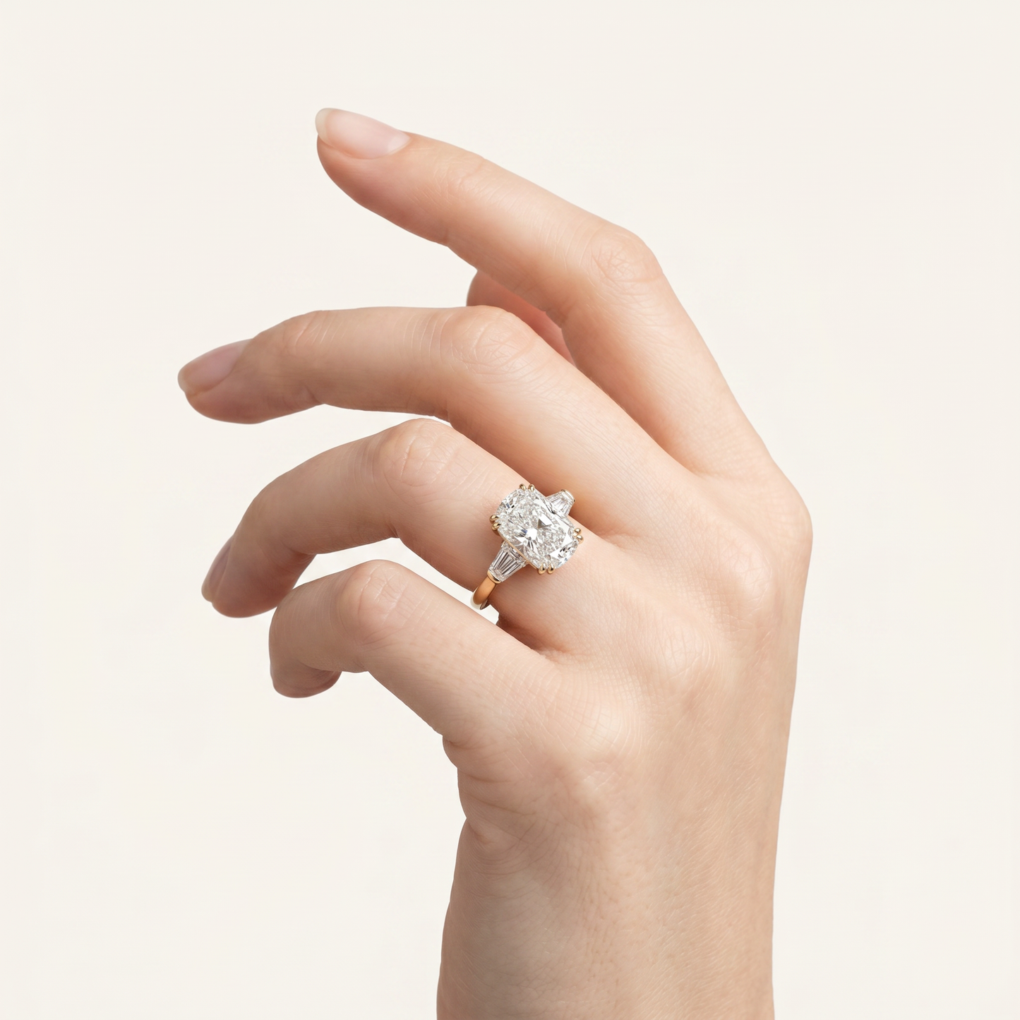 Moissanite 5.10 CT Cushion & Tapered Cut Diamond Three Stone Ring