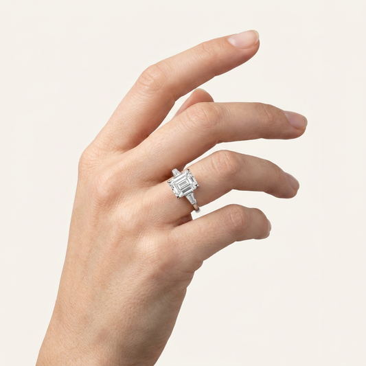 Moissanite 3.57 CT Asscher & Tapered Cut Diamond Three Stone Ring