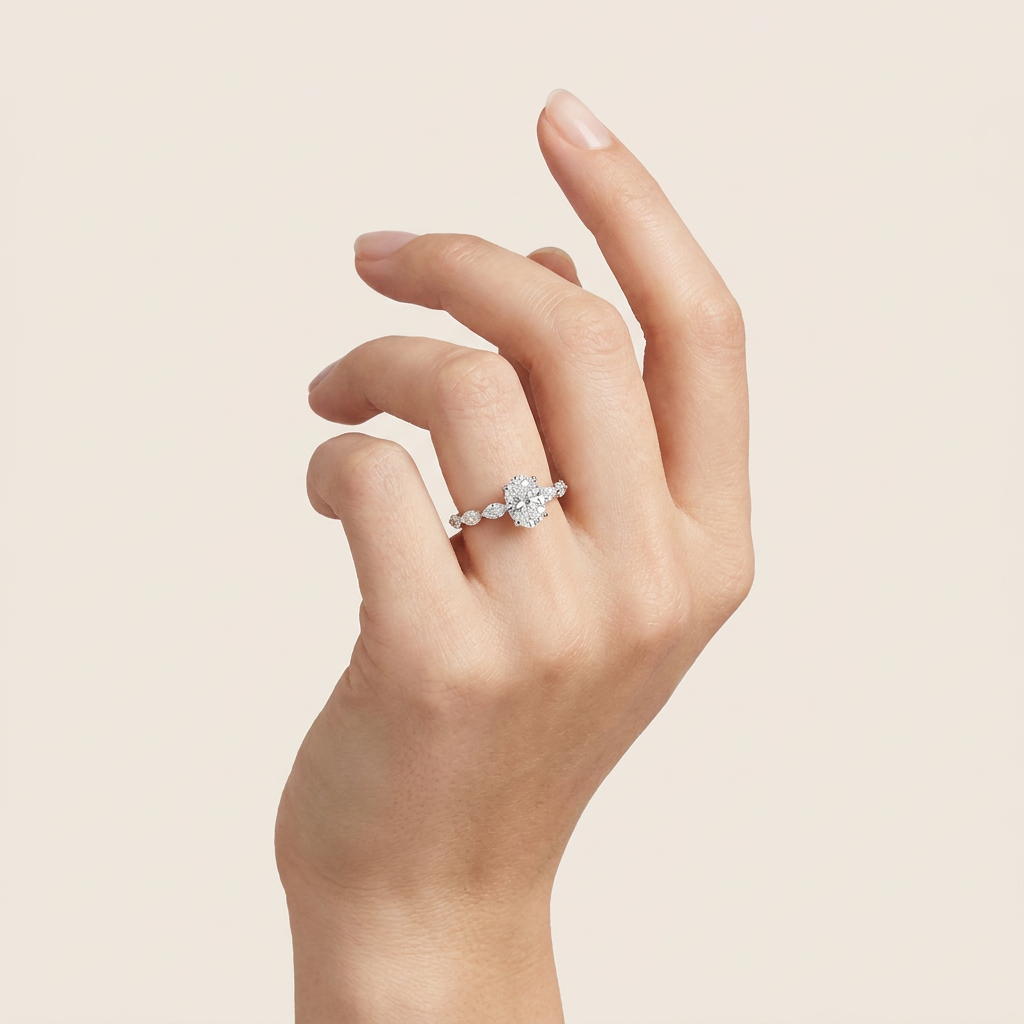 Lab Grown 1.40 CT Oval & Marquise Cut Diamond Solitaire with Side Stones Ring