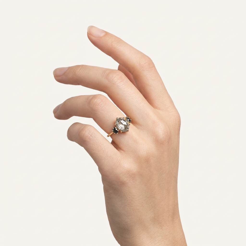 2.00 CT Oval Cut Salt and Pepper Diamond Three Stone Ring