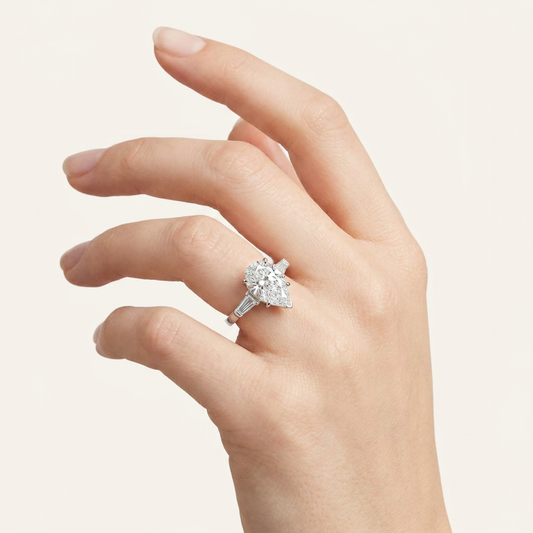 Moissanite 3.95 CT Pear & Tapered Cut Diamond Three Stone Ring