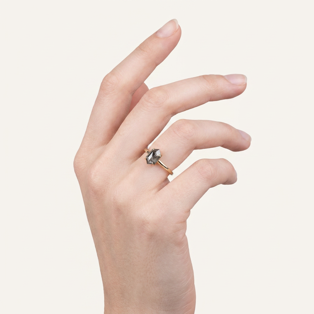 1.10 CT Hexagon Cut Salt and Pepper Diamond Solitaire Ring (V-Artdeco)