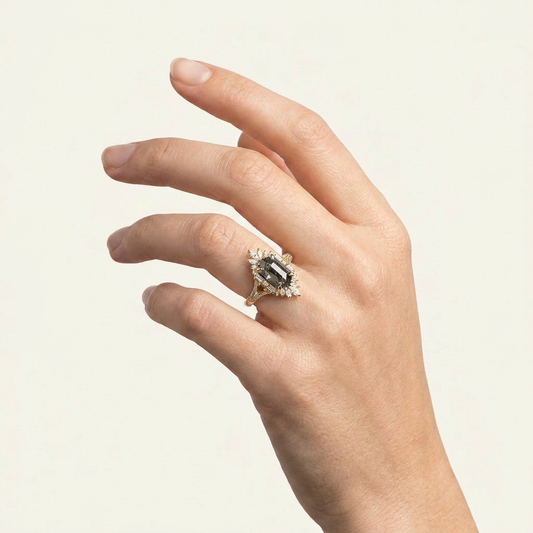 1.90 CT Hexagon & Round Cut Salt and Pepper Diamond Cluster Ring