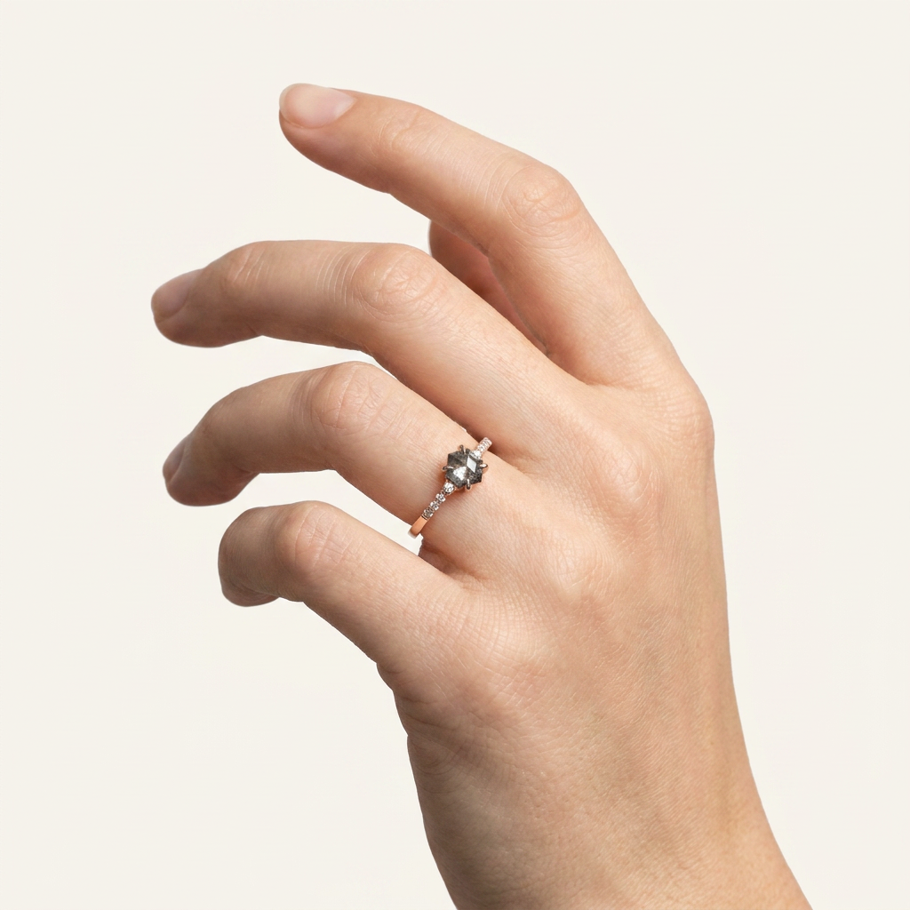 1.30 CT Hexagon Cut Salt and Pepper Diamond Solitaire Ring (V1)