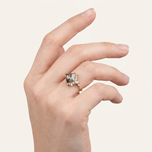 1.65 CT Kite & Round Cut Salt and Pepper Diamond Cluster Ring