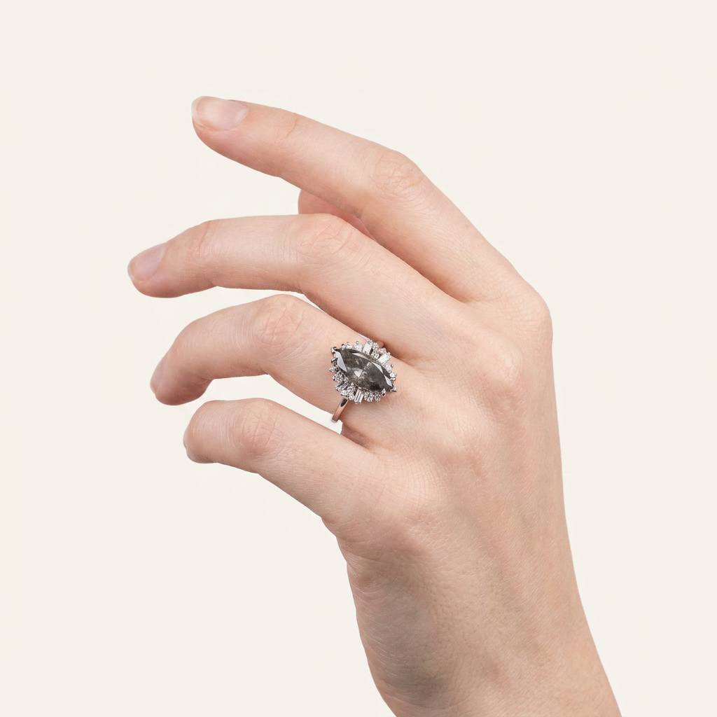 1.90 CT Marquise & Round Cut Salt and Pepper Diamond Cluster Ring