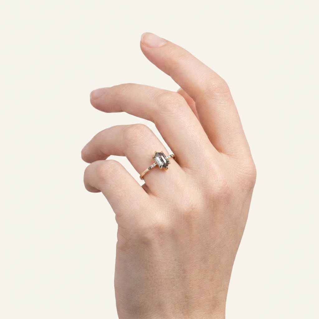 1.45 CT Hexagon Cut Salt and Pepper Diamond Solitaire Ring