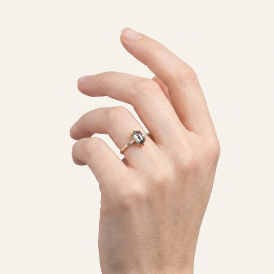 1.45 CT Hexagon Cut Salt and Pepper Diamond Solitaire Ring