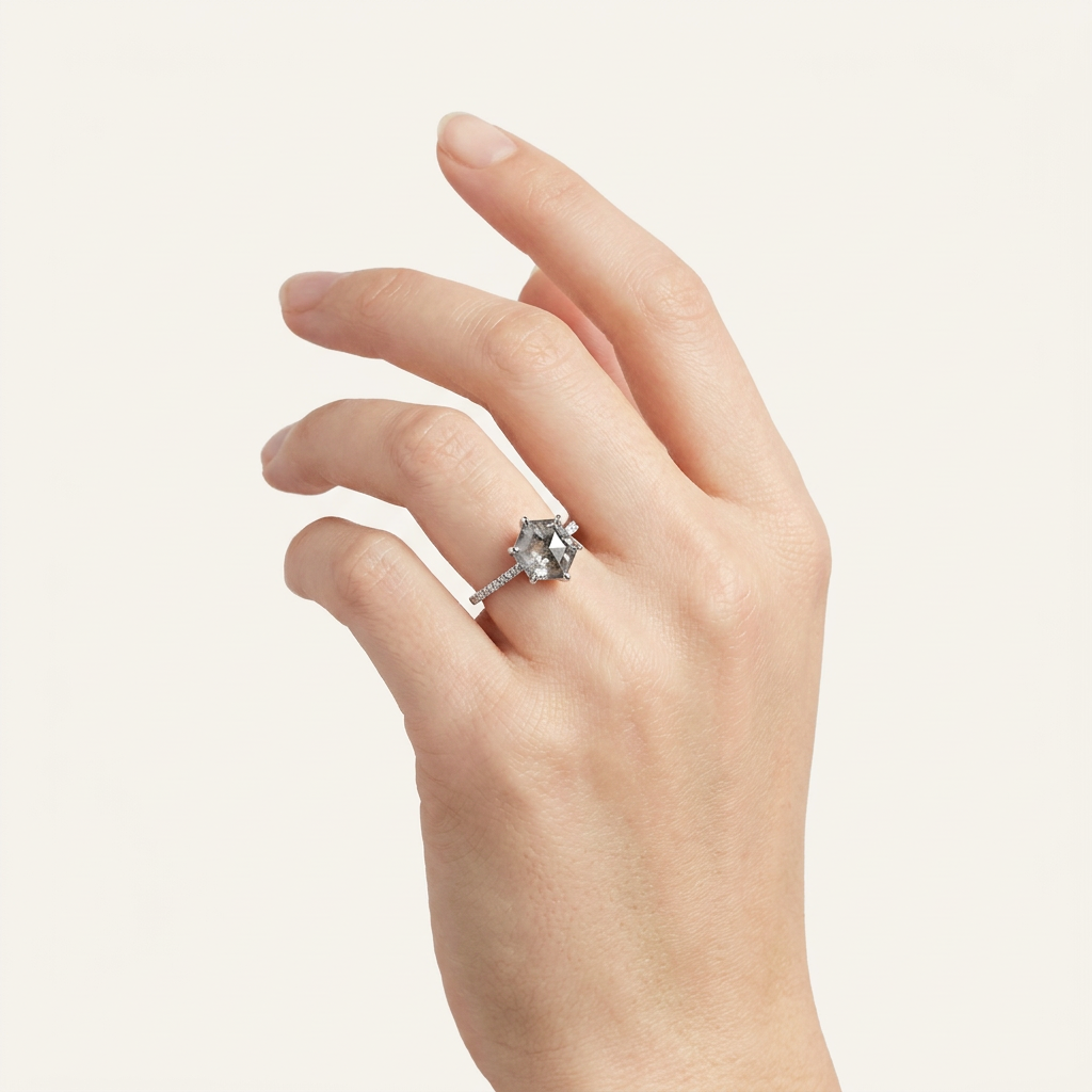 1.50 CT Hexagon Cut Salt and Pepper Diamond Pavé Solitaire Ring